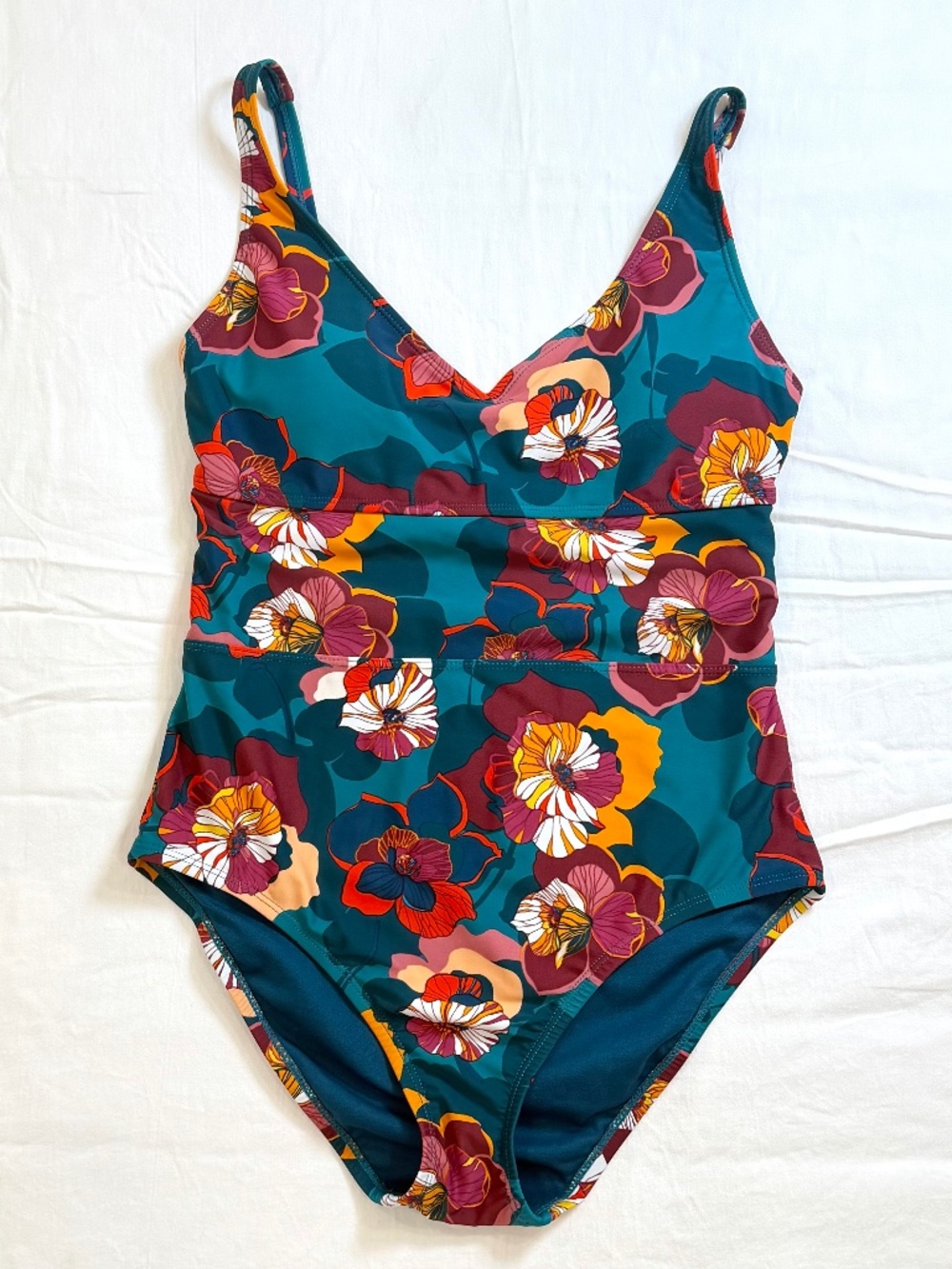 Into the Bleu Sz Small Teal Plum Orange Floral Print One Piece Maillot Swimsuit
